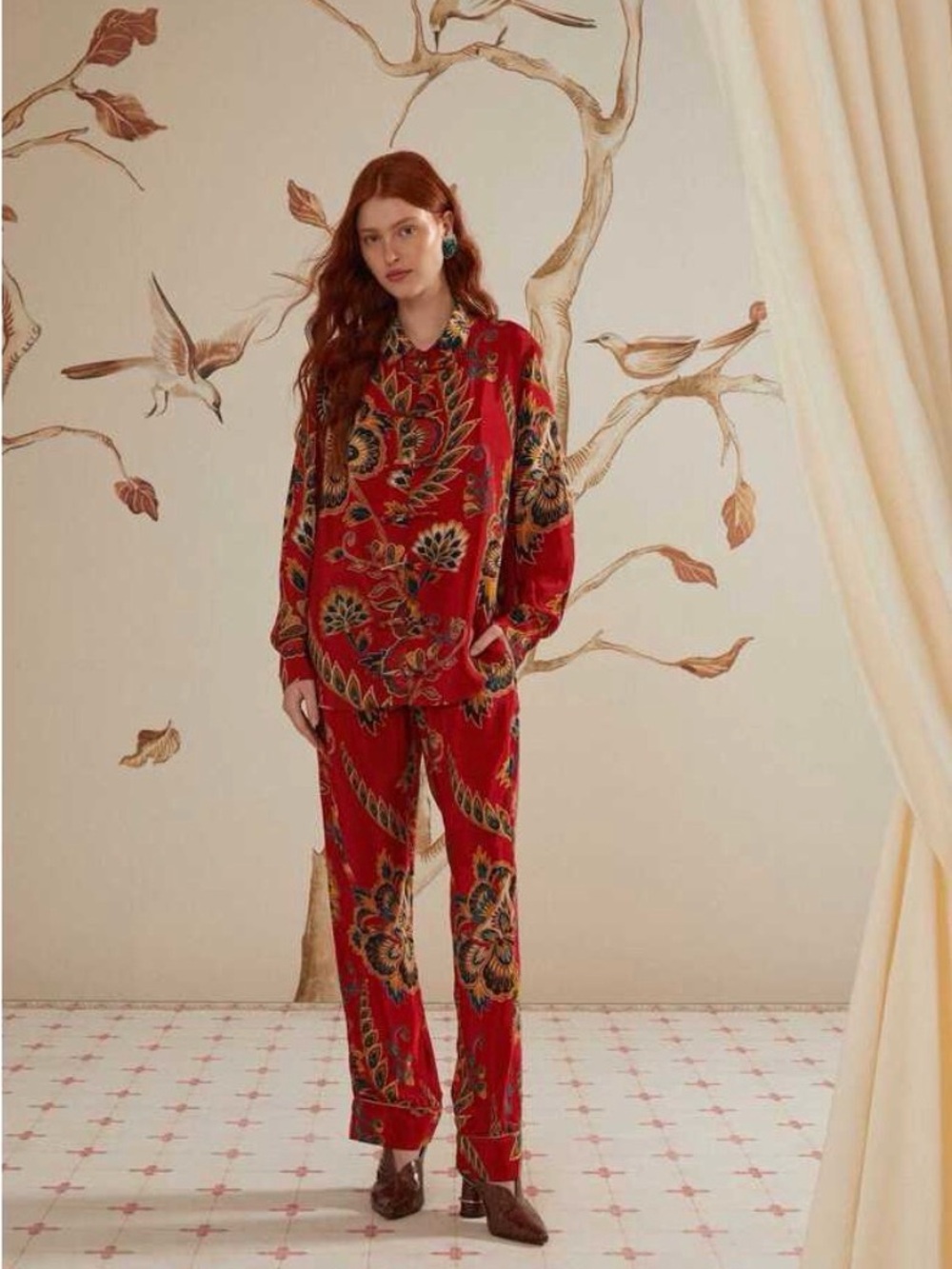 FARM Rio Red Floral Button-Up Set with Mustard and Teal Accents